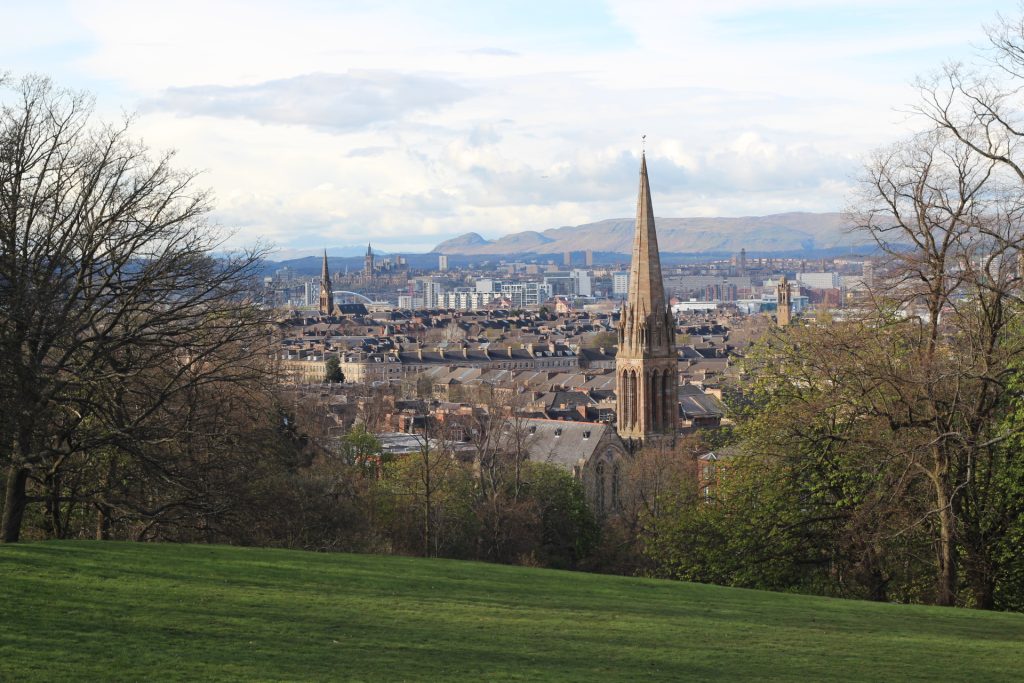 Image showing the location of the business CherryMan Media, shown generally as Glasgow, in a photo taken by David Cherry of Glasgow looking north from Queen's Park in the Southside of the city.